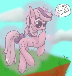 Size: 587x617 | Tagged: safe, artist:nat998877, derpibooru import, twilight (g1), unicorn, g1, my little pony 'n friends, rescue at midnight castle, cliff, full body, grass, image, magic, pink coat, png, sky, solo, sparkly eyes, white mane, wingding eyes