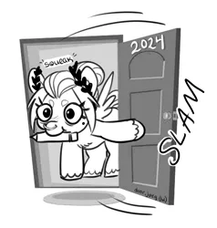 Size: 3017x3173 | Tagged: safe, artist:opalacorn, derpibooru import, oc, oc:void, unofficial characters only, pegasus, pony, beanbrows, black and white, door, door slam, eyebrows, female, grayscale, image, jpeg, laurel wreath, male, mare, monochrome, mouth hold, pencil drawing, simple background, solo, traditional art, unshorn fetlocks, white background