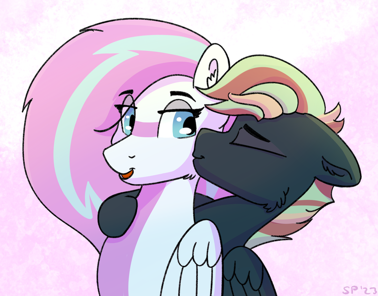 Size: 1675x1314 | Tagged: safe, artist:single purpose, derpibooru import, oc, oc:dyn, oc:treading step, unofficial characters only, pegasus, pony, cheek fluff, duo, duo male, eyes closed, folded wings, image, kiss on the cheek, kissing, male, multicolored hair, oc x oc, open mouth, png, shipping, simple background, wings