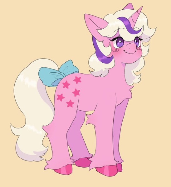 Size: 597x654 | Tagged: safe, artist:exxi00, derpibooru import, twilight (g1), unicorn, g1, blue ribbon, full body, image, jpeg, pink coat, purple eyes, smiling, standing, white mane