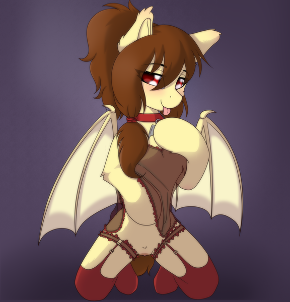 Size: 2820x2935 | Tagged: explicit, artist:nekoremilia1, derpibooru import, oc, oc:noctalia, unofficial characters only, bat pony, pony, bat pony oc, bat wings, bedroom eyes, clothes, collar, garter belt, gradient background, high res, image, inviting, kneeling, looking at you, nudity, partial nudity, png, presenting, sexy outfit, simple background, socks, solo, spread legs, spread wings, spreading, stockings, thigh highs, tongue out, vulva, wings