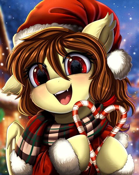 Size: 2550x3209 | Tagged: safe, artist:pridark, derpibooru import, oc, oc:noctalia, unofficial characters only, bat pony, pony, bat pony oc, bat wings, candy, candy cane, christmas, clothes, commission, cute, fangs, food, hat, holiday, image, jpeg, one ear down, open mouth, pridark is trying to murder us, santa hat, scarf, snow, snowfall, solo, striped scarf, wings, ych result