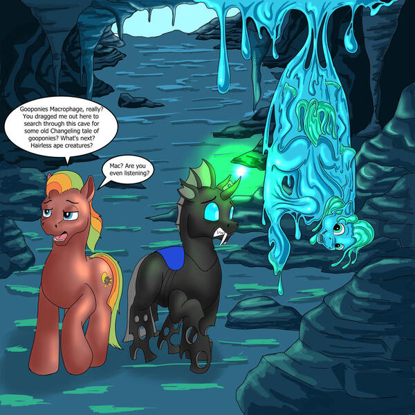 Size: 1280x1280 | Tagged: safe, artist:termyotter, derpibooru import, oc, oc:macrophage, oc:spectrum gear, changeling, earth pony, goo, goo pony, original species, pony, image, jpeg, male, stallion