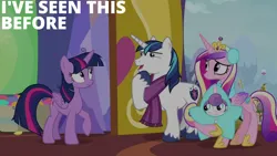 Size: 2000x1125 | Tagged: safe, derpibooru import, edit, edited screencap, editor:quoterific, screencap, princess cadance, princess flurry heart, shining armor, twilight sparkle, twilight sparkle (alicorn), alicorn, best gift ever, earmuffs, image, messy hair, messy mane, messy tail, png, ponyville, snow, star flurry heart, tail, twilight's castle