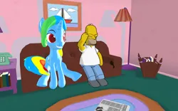 Size: 1920x1200 | Tagged: safe, artist:puzzlshield2, derpibooru import, oc, oc:puzzle shield, pony, 3d, couch, couch gag, homer simpson, image, meme, mmd, news, news report, png, sitting, story included, the simpsons, watching tv