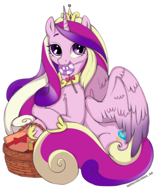 Size: 692x829 | Tagged: safe, artist:mdwines, derpibooru import, princess cadance, alicorn, pony, candy, crown, cute, cutedance, feral, food, gift wrapped, horn, image, jewelry, looking at you, mouth hold, png, regalia, solo, wings