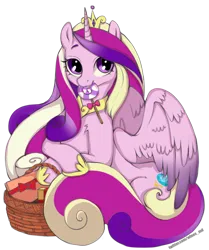 Size: 692x829 | Tagged: safe, artist:mdwines, derpibooru import, princess cadance, alicorn, pony, candy, crown, cute, cutedance, feral, food, gift wrapped, horn, image, jewelry, looking at you, mouth hold, png, regalia, solo, wings