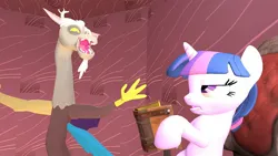 Size: 1366x768 | Tagged: safe, artist:somnofeetia8, derpibooru import, part of a set, discord, twilight sparkle, series:don't mess with twilight, 3d, book, chair, discord being discord, fangs, image, jpeg, jump scare, part of a series, reading, scaring, twilight sparkle is not amused, unamused