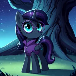 Size: 1024x1024 | Tagged: prompter needed, safe, ai content, derpibooru import, machine learning generated, oc, oc:nyx, unofficial characters only, alicorn, pony, clothes, female, filly, foal, full body, generator:dall-e 3, glasses, grass, image, jpeg, looking up, night, night sky, outdoors, sky, solo, stars, tree