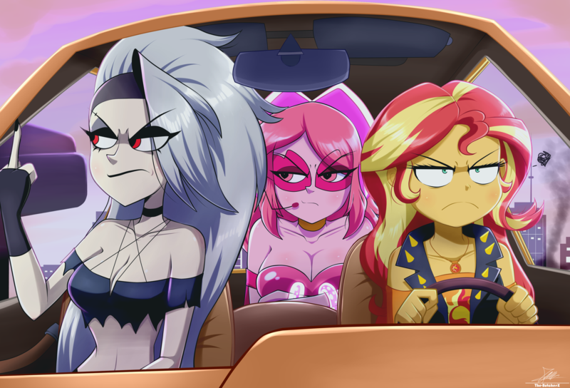 Size: 4080x2772 | Tagged: questionable, artist:the-butch-x, derpibooru import, sunset shimmer, anthro, hellhound, human, equestria girls, 2d, belly button, breasts, car, cleavage, earpiece, eyeshadow, female, fingernails, g4, geode of empathy, helluva boss, image, jewelry, lidded eyes, loona (helluva boss), magical geodes, makeup, meme, middle finger, midriff, nail polish, png, unamused, vehicle, villainous, vulgar