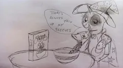 Size: 4160x2303 | Tagged: safe, artist:dhm, derpibooru import, trixie, pony, breakfast, cereal, drawthread, food, image, jpeg, monochrome, sketch, solo, speech bubble, table, traditional art