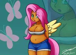 Size: 1050x750 | Tagged: suggestive, artist:dementedhd-art, derpibooru import, fluttershy, human, 2022, belly button, breasts, chubby, cleavage, cutie mark background, female, humanized, image, jpeg, old art, solo, tail, tailed humanization, winged humanization, wings, zoom layer
