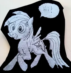 Size: 2585x2657 | Tagged: safe, artist:dhm, derpibooru import, rainbow dash, pony, greeting, image, jpeg, monochrome, paper towels, sketch, solo, speech bubble, traditional art