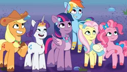 Size: 2400x1350 | Tagged: safe, artist:prixy05, derpibooru import, applejack, fluttershy, pinkie pie, rainbow dash, rarity, twilight sparkle, twilight sparkle (alicorn), alicorn, earth pony, pegasus, pony, unicorn, g5, my little pony: tell your tale, character swap, female, g4, g4 to g5, generation leap, image, lavarynth, looking up, mane six, mare, png