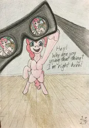 Size: 1425x2048 | Tagged: safe, artist:antnoob, artist:lightsolver, derpibooru import, pinkie pie, earth pony, pony, colored, colored pencils, female, image, indoors, jpeg, looking at you, mare, offscreen character, offscreen human, open mouth, open smile, pov, smiling, solo, solo female, traditional art, virtual reality, vr headset
