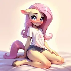 Size: 1024x1024 | Tagged: safe, ai content, derpibooru import, machine learning generated, prompter:foxlover7796, fluttershy, anthro, unguligrade anthro, blushing, clothes, female, filly fluttershy, image, jpeg, miniskirt, prompt in description, shirt, skirt, solo, younger