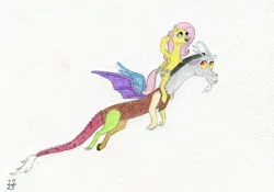 Size: 4096x2864 | Tagged: safe, artist:antnoob, artist:lightsolver, derpibooru import, discord, fluttershy, draconequus, pegasus, pony, colored, fluttershy riding discord, flying, image, jpeg, riding discord, simple background, the neverending story, traditional art, watercolor painting