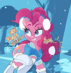 Size: 2405x2474 | Tagged: safe, artist:maremagnet, derpibooru import, pinkie pie, earth pony, chest fluff, clothes, dialogue, earmuffs, grin, image, jacket, lidded eyes, png, simple background, smiling, snow, snowball, snowball fight, snowflake, socks, solo, thigh highs