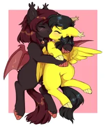Size: 2100x2538 | Tagged: safe, artist:cheekipone, ponerpics import, oc, oc:banan, unofficial characters only, bat pony, pony, derpibooru, bat pony oc, bat wings, blushing, cloven hooves, collar, cuddling, duo, ear tufts, eyes closed, female, image, jpeg, kissing, lesbian, mare, meta, simple background, spread wings, tags, unshorn fetlocks, wings