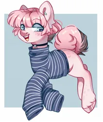Size: 1282x1512 | Tagged: safe, artist:cheekipone, ponerpics import, oc, unofficial characters only, earth pony, pony, choker, clothes, ear piercing, earth pony oc, female, image, jpeg, long sleeved shirt, long sleeves, looking back, mare, open mouth, piercing, shirt, simple background, smiling, solo, unshorn fetlocks