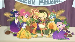 Size: 3200x1800 | Tagged: safe, derpibooru import, screencap, applejack, fluttershy, pinkie pie, rainbow dash, rarity, sci-twi, sunset shimmer, twilight sparkle, equestria girls, equestria girls series, holidays unwrapped, spoiler:eqg series (season 2), clothes, converse, cornucopia, cornucopia costumes, costume, dress, eggplant, female, food, fruit, g4, group photo, humane five, humane seven, humane six, image, inflatable, inflatable dress, o come all ye squashful, png, puffy sleeves, shoes, treehouse logo