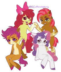 Size: 1720x2024 | Tagged: safe, artist:caffeinatedcarny, derpibooru import, apple bloom, babs seed, scootaloo, sweetie belle, anthro, earth pony, pegasus, unguligrade anthro, unicorn, alternate design, apple bloom's bow, bow, child, chubby, closed mouth, coat markings, colored hooves, countershading, cousins, dappled, derpibooru exclusive, facial markings, freckles, grin, group, hair bow, holding hands, image, leg freckles, looking at you, markings, mealy mouth (coat marking), one eye closed, open mouth, open smile, pale belly, png, ponytail, simple background, slender, smiling, socks (coat marking), star (coat marking), tail, tail bow, thin, transparent background, twitterina design, wink, young
