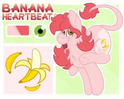 Size: 2500x2000 | Tagged: safe, artist:euspuche, derpibooru import, oc, oc:banana heartbeat, donkey, earth pony, banana, female, food, image, looking at you, open mouth, png, raba-pony, reference sheet, smiling, solo, tongue out