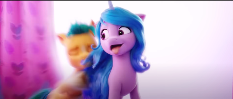 Size: 1264x539 | Tagged: source needed, safe, artist:derpy man, derpibooru import, edit, edited screencap, screencap, hitch trailblazer, izzy moonbow, earth pony, pony, unicorn, g5, my little pony: a new generation, spoiler:my little pony: a new generation, ahegao, blurry background, eyes closed, female, fit right in (g5), image, looking back, male, movie, open mouth, png, shipping, straight, tongue out