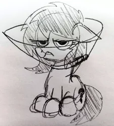 Size: 2435x2706 | Tagged: safe, artist:dhm, derpibooru import, oc, oc:anonfilly, pony, annoyed, elizabethan collar, female, filly, floppy ears, image, jpeg, monochrome, sketch, solo, traditional art