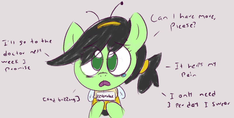 Size: 1467x743 | Tagged: safe, artist:wanda, derpibooru import, oc, oc:anonfilly, unofficial characters only, earth pony, pony, animal costume, bee costume, clothes, costume, dialogue, female, filly, image, medicine, png, sad