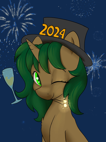 Size: 3000x4000 | Tagged: safe, artist:dumbwoofer, derpibooru import, oc, oc:pine shine, pony, unicorn, 2024, alcohol, champagne, champagne glass, chest fluff, ear fluff, female, fireworks, happy, happy new year, hat, holiday, image, jpeg, looking at you, mare, mouth hold, one eye closed, smiling, solo, wine, wink, winking at you