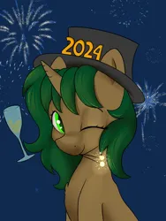 Size: 3000x4000 | Tagged: safe, artist:dumbwoofer, derpibooru import, oc, oc:pine shine, pony, unicorn, 2024, alcohol, champagne, champagne glass, chest fluff, ear fluff, female, fireworks, happy, happy new year, hat, holiday, image, jpeg, looking at you, mare, mouth hold, one eye closed, smiling, solo, wine, wink, winking at you