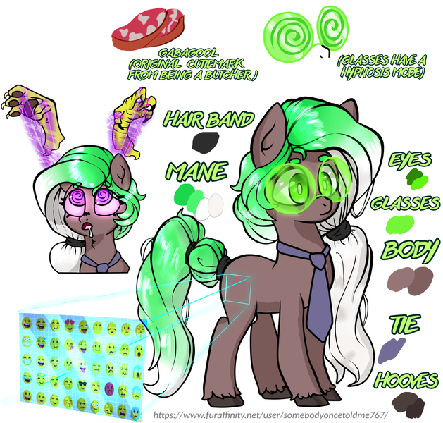 Size: 2200x2100 | Tagged: safe, artist:somebodyoncetoldme767, derpibooru import, discord, oc, oc:cutting edge, unofficial characters only, earth pony, pony, cute, earth pony oc, emoji, facebook, female, gabagool, glasses, hypnosis, image, mare, necktie, png, puppet strings, reference sheet, simple background, solo, swirly eyes, white background