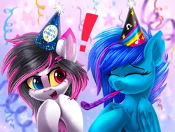 Size: 2000x1509 | Tagged: safe, artist:atlas-66, derpibooru import, oc, unofficial characters only, pegasus, pony, birthday, duo, hat, image, party hat, party horn, pegasus oc, png, streamers, wings