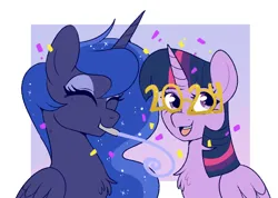 Size: 774x551 | Tagged: safe, artist:lulubell, derpibooru import, princess luna, twilight sparkle, twilight sparkle (alicorn), alicorn, pony, 2024, chest fluff, confetti, cute, ethereal mane, female, freckles, happy, happy new year, happy new year 2024, holiday, image, lesbian, lunabetes, open mouth, open smile, party horn, png, ship:twiluna, shipping, smiling, starry mane, twiabetes