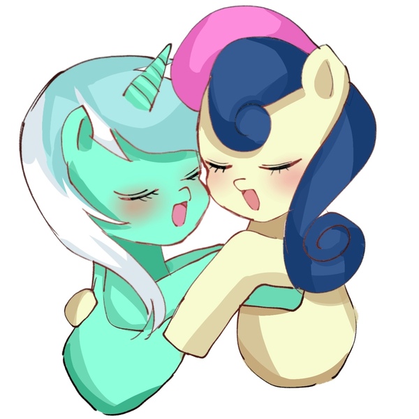 Size: 1405x1405 | Tagged: safe, artist:cerise, artist:m09160, derpibooru import, bon bon, lyra heartstrings, sweetie drops, earth pony, pony, unicorn, blushing, bust, duo, eyes closed, female, hug, image, jpeg, lesbian, lyrabon, open mouth, shipping, simple background, smiling, white background