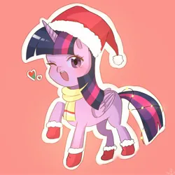 Size: 2048x2048 | Tagged: safe, artist:cerise, derpibooru import, twilight sparkle, twilight sparkle (alicorn), alicorn, pony, christmas, clothes, hat, heart, holiday, image, jpeg, looking at you, one eye closed, open mouth, orange background, santa hat, scarf, simple background, smiling, solo, wink