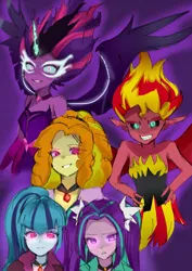 Size: 1449x2048 | Tagged: safe, artist:cerise, derpibooru import, adagio dazzle, aria blaze, sci-twi, sonata dusk, sunset shimmer, twilight sparkle, human, equestria girls, clothes, glow, glowing eyes, image, jewelry, jpeg, looking at you, midnight sparkle, necklace, smiling, smirk, spread wings, sunset satan, the dazzlings, wings