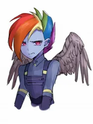 Size: 1536x2048 | Tagged: safe, artist:cerise, derpibooru import, rainbow dash, human, equestria girls, alternate timeline, amputee, apocalypse dash, artificial wings, augmented, bust, crystal war timeline, frown, image, jpeg, metal wing, prosthetic limb, prosthetic wing, prosthetics, scar, simple background, solo, white background, wings