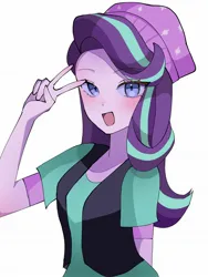 Size: 1536x2048 | Tagged: safe, artist:cerise, derpibooru import, starlight glimmer, human, equestria girls, beanie, bust, clothes, hat, image, jpeg, looking at you, open mouth, peace sign, simple background, smiling, solo, white background