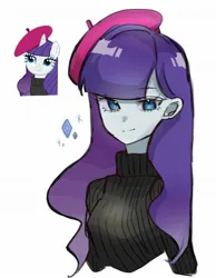 Size: 1586x2045 | Tagged: safe, artist:cerise, derpibooru import, rarity, human, pony, unicorn, equestria girls, beatnik rarity, beret, bust, clothes, hat, image, jpeg, looking at you, simple background, smiling, solo, sweater, white background