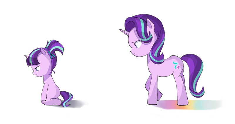 Size: 2048x1080 | Tagged: safe, artist:cerise, derpibooru import, starlight glimmer, pony, unicorn, crying, duality, female, filly, filly starlight glimmer, frown, image, jpeg, self paradox, self ponidox, simple background, sitting, solo, standing, time paradox, white background, younger