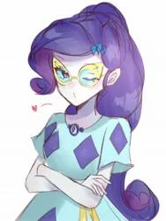 Size: 1536x2048 | Tagged: safe, artist:cerise, derpibooru import, rarity, human, equestria girls, clothes, crossed arms, dress, glasses, hairpin, heart, image, jpeg, one eye closed, simple background, solo, white background, wink