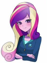 Size: 1218x1624 | Tagged: safe, artist:cerise, derpibooru import, princess cadance, human, equestria girls, clothes, crossed arms, image, jpeg, looking at you, simple background, smiling, solo, white background