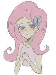 Size: 916x1221 | Tagged: safe, artist:cerise, derpibooru import, fluttershy, human, equestria girls, bust, clothes, crying, hairpin, image, jpeg, looking at you, simple background, solo, tanktop, white background