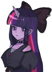 Size: 877x1210 | Tagged: safe, artist:cerise, derpibooru import, twilight sparkle, anthro, unicorn, equestria girls, bow, bust, choker, ear piercing, frown, goth, hair bow, horn, horn ring, image, jewelry, jpeg, looking at you, piercing, ring, simple background, solo, spiked choker, white background