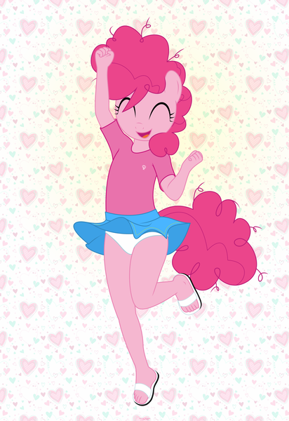 Size: 2557x3723 | Tagged: safe, artist:tolpain, ponerpics import, ponybooru import, pinkie pie, anthro, earth pony, plantigrade anthro, abstract background, clothes, cute, eyes closed, female, filly pinkie pie, image, jumping, open mouth, open smile, panties, png, sandals, shirt, skirt, smiling, t-shirt, toes, underwear, upskirt, white panties, white underwear, younger