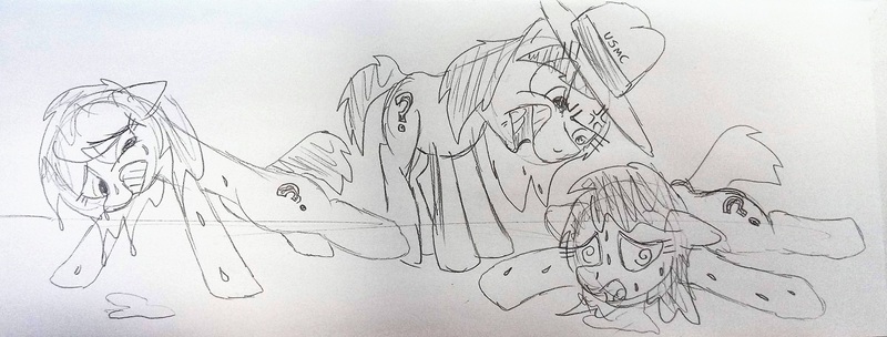 Size: 3991x1516 | Tagged: safe, artist:dhm, derpibooru import, oc, oc:anonfilly, pony, boot camp, drill sergeant, female, filly, full metal jacket, image, jpeg, monochrome, sketch, sweat, tired, traditional art, unconscious, yelling