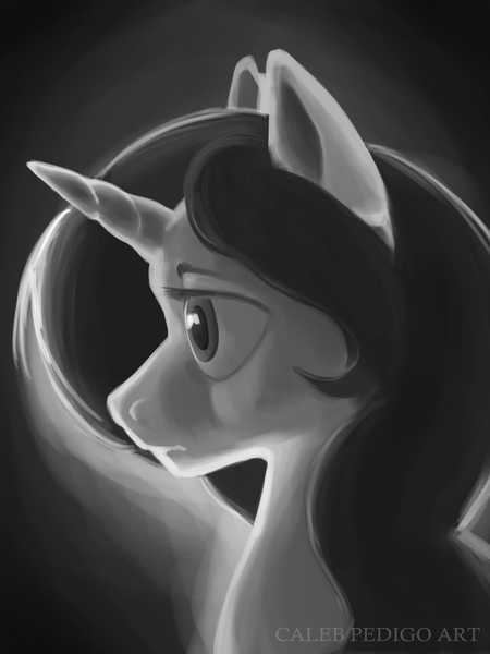 Size: 3000x4000 | Tagged: safe, artist:calebpedigo, derpibooru import, oc, unofficial characters only, pony, unicorn, black and white, bust, female, grayscale, high res, image, mare, monochrome, png, profile, solo