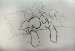 Size: 4160x2883 | Tagged: safe, artist:dhm, derpibooru import, pinkie pie, pony, bed, comfy, drawthread, g4, image, jpeg, monochrome, onomatopoeia, pillow, sketch, sleeping, sound effects, traditional art, zzz